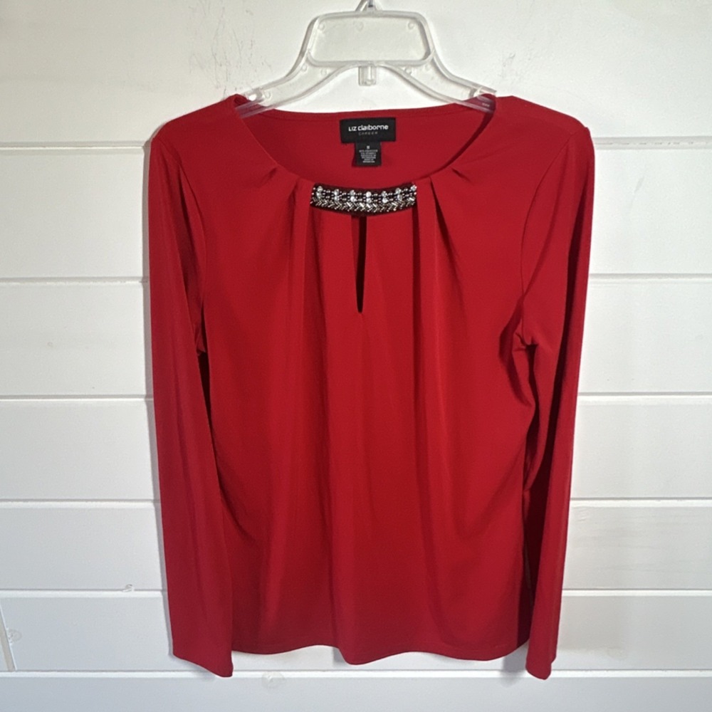 Liz Claiborne Red Beaded Long Sleeve Knit Blouse 95% Polyester Women's M Regular